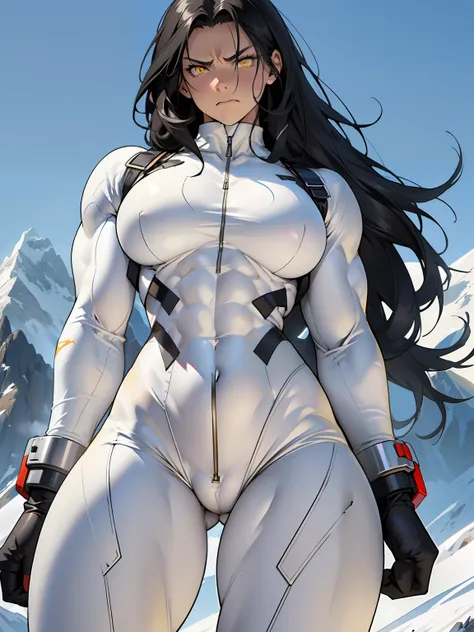 ((1 girl)), solo, black hair, extremely long hair, yellow eyes, (angry), pale skin, (((((((muscular))))))), ((thick thighs)), ((huge breasts)), (((white body suit))), (((wide hips))), mountain range background, (shiny skin), close up