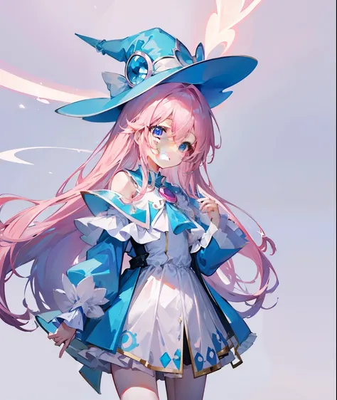 long light pink hair，Light sky blue magician hat，Light sky blue and light pink、White magician set，Milky whine，Cute and cute，This is a girl with sweet milk，super adorable