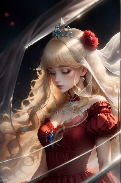 Princess　A Princess　Soft　Best quality in good style(Highest Quality) , High quality(hiquality)　Red fluffy dress blonde with soft hair　corolla　long　The whole body is reflected A wonderful atmosphere with very delicate tones　veils