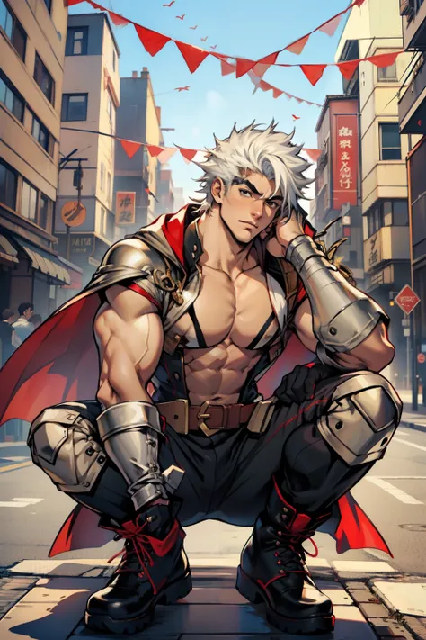 Highest image quality，male people，child，1 boy，Young and handsome，shoun，White color hair，Short flat top hair，Dark  skin，anime big breast，anime wallpaper，Solo，malefocus，Briefs，Dilation of the pectoral muscles，Red cape，Bulging crotch，Urban background，spread t...