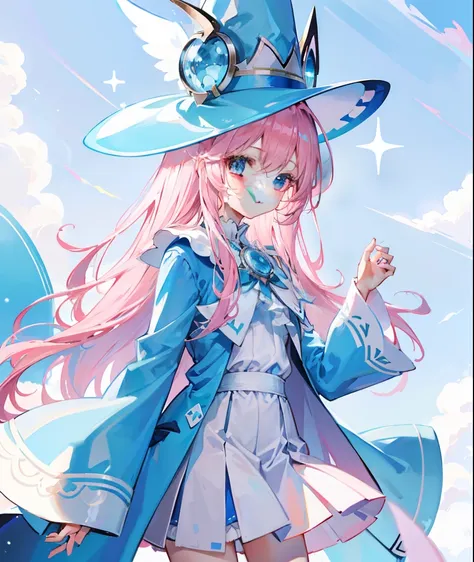 long light pink hair，Light sky blue magician hat，Light sky blue and light pink、A magician suit matched in white，milkyW，Cute and cute，This is a girl with sweet milk，super adorable