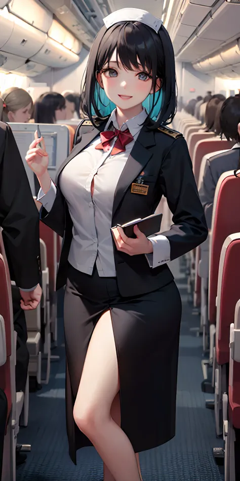 (White flight attendant uniform),view the viewer,Smiling,cheerfulness,cabelos preto e longos, standing, inside airplane, --auto