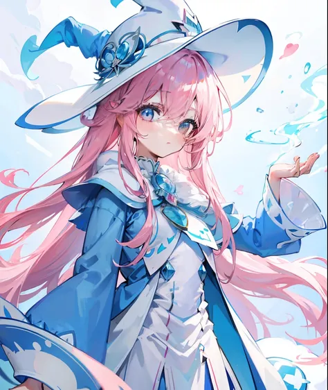 long light pink hair，Light sky blue magician hat，Light sky blue and light pink、A magician suit matched in white，milkyW，Cute and cute，This is a girl with sweet milk，super adorable