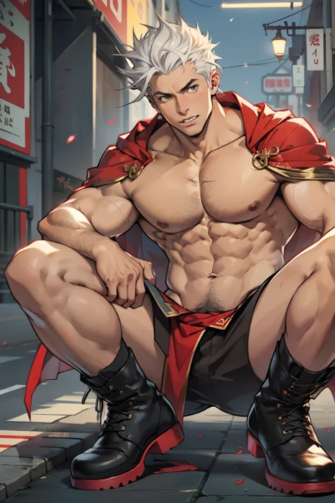 Highest image quality，male people，child，1 boy，Young and handsome，shoun，White color hair，Short flat top hair，Dark  skin，anime big breast，anime wallpaper，Solo，malefocus，Briefs，Dilation of the pectoral muscles，Red cape，Bulging crotch，Urban background，spread t...