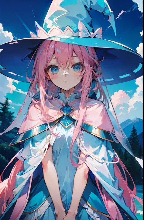 long light pink hair，Light sky blue magician hat，Light sky blue and light pink、Paired with a white magician suit，A cute sweet girl