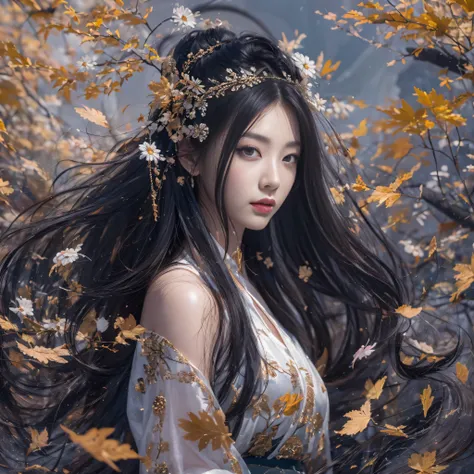 32K（tmasterpiece，k hd，hyper HD，32K）Long flowing black hair，ponds，zydink， a color，  Asian people （Silly girl）， （Silk scarf）， Combat posture， looking at the ground， long whitr hair， Floating hair， Carp pattern headdress， Chinese long-sleeved clothing， （abstr...