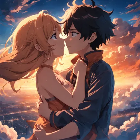 tmasterpiece，best qualtiy，cinematic Film still from，1girl，Cloud boy and girl hug，Floating in the sky，closeup cleavage，brightly，cheerfulness，Warm and soft lighting，the sunset