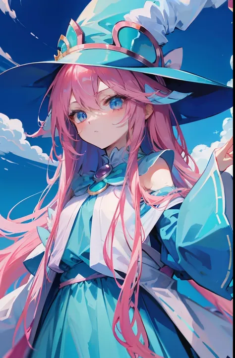 Pink Long Hair，Light sky blue magician hat，Light sky blue and light pink magician set，She is a cute and cute sweet girl，Milk fierce milk fierce