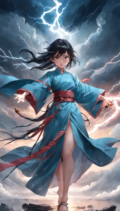 ((Best quality)), ((Masterpiece)), (Dramatic), A portrait of a young girl who transcends tribulation, (Chinese fantasy:1.3), Dressed in flowing robes, (holdingsword:1.2), Thunder and lightning hovered overhead, (Stormy sky:1.1), Electricity dances over the...