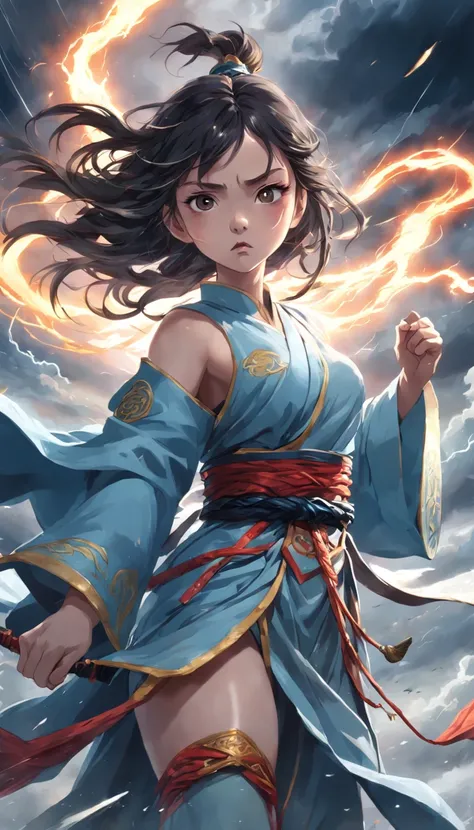 ((Best quality)), ((Masterpiece)), (Dramatic), A portrait of a young girl who transcends tribulation, (Chinese fantasy:1.3), Dressed in flowing robes, (holdingsword:1.2), Thunder and lightning hovered overhead, (Stormy sky:1.1), Electricity dances over the...