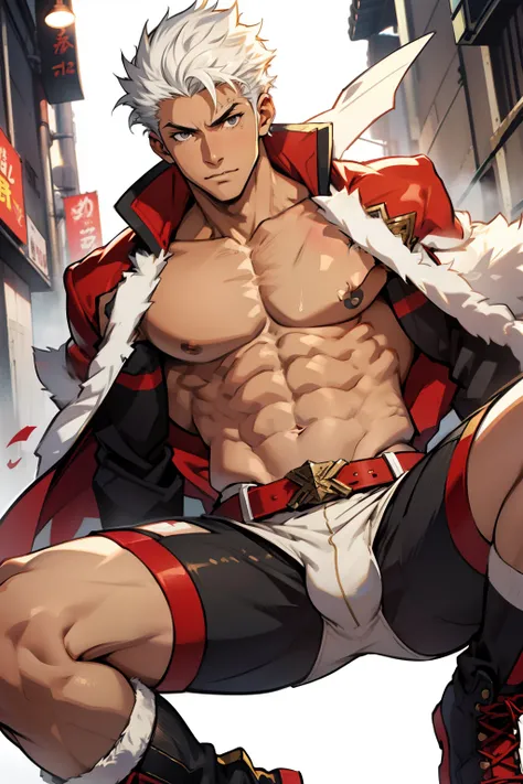 Highest image quality，male people，child，1 boy，Young and handsome，shoun，White color hair，Short flat top hair，Dark  skin，anime big breast，anime wallpaper，Solo，malefocus，Briefs，Dilation of the pectoral muscles，Red cape，Bulging crotch，Urban background，spread t...