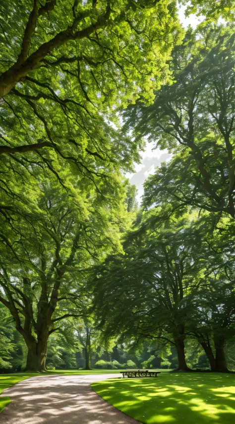 tmasterpiece，super detailing，best qualtiy，Perfectcomposition，A high resolution，natural soft light，Photographic realism style，SLR shooting effect，8K。Summer woods，A large tree by the stream，lawns，garden，benches，Woods in the distance，Sunny breeze