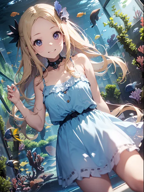 top-quality、masutepiece、8K、Pastel tones、Blonde hair、long(Bring out your forehead:1.2)、Very long hair、Light blue camisole dress、a miniskirt、The background is((Aquarium of the future):1.４)、Turned、Dynamic Styles、ssmile