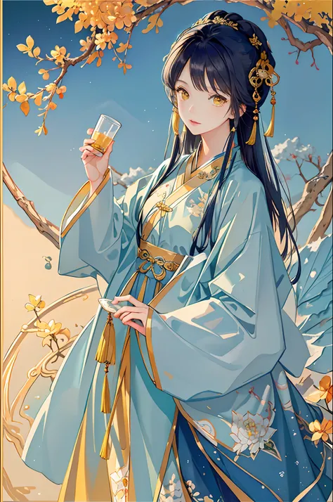 Best quality at best，Complicated details，A high resolution，（beautiful detailed  water：1.4），（Hanfu，Tang Feng），Yellow eyes，（Girl in a glass jar：1.1），drinking milktea