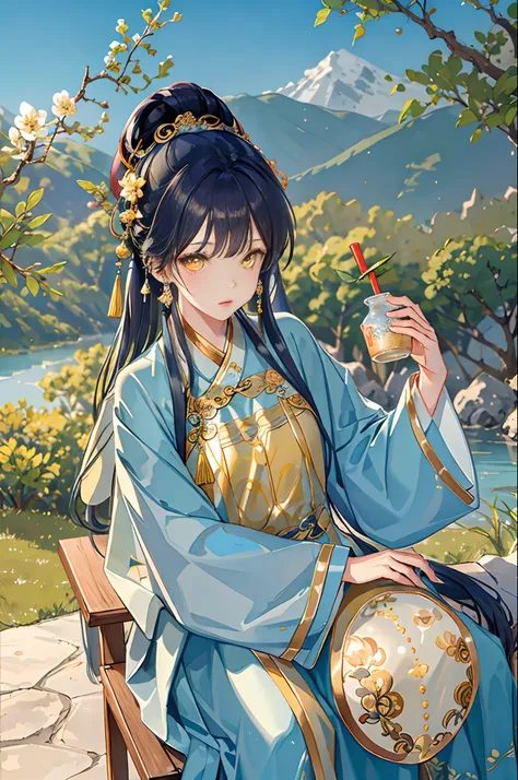 Best quality at best，Complicated details，A high resolution，（beautiful detailed  water：1.4），（Hanfu，Tang Feng），Yellow eyes，（Girl in a glass jar：1.1），drinking milktea