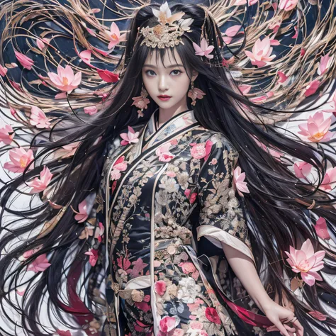 32K（tmasterpiece，k hd，hyper HD，32K）Long flowing black hair，ponds，zydink， a color，  Asian people （Silly girl）， （Silk scarf）， Combat posture， looking at the ground， long whitr hair， Floating hair， Carp pattern headdress， Chinese long-sleeved clothing， （abstr...