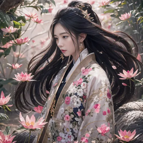 32K（tmasterpiece，k hd，hyper HD，32K）Long flowing black hair，ponds，zydink， a color，  Asian people （Silly girl）， （Silk scarf）， Combat posture， looking at the ground， long whitr hair， Floating hair， Carp pattern headdress， Chinese long-sleeved clothing， （abstr...