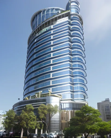 araffe view of a tall building with a circular glass facade, megatall building, office building, full building, multistory building, tall building, full - view, modern technology building, skybridge towers, single building, circular towers, building facing...