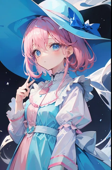 light pink colored hair，Light sky blue magic hat，Pink, White and blue clothes，The whole looks milky，It is a beautiful girl with high appearance with sweet milk