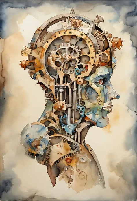 an open human head covered mainly by the human part and another smaller part on top of the internal mechanical gear of the head