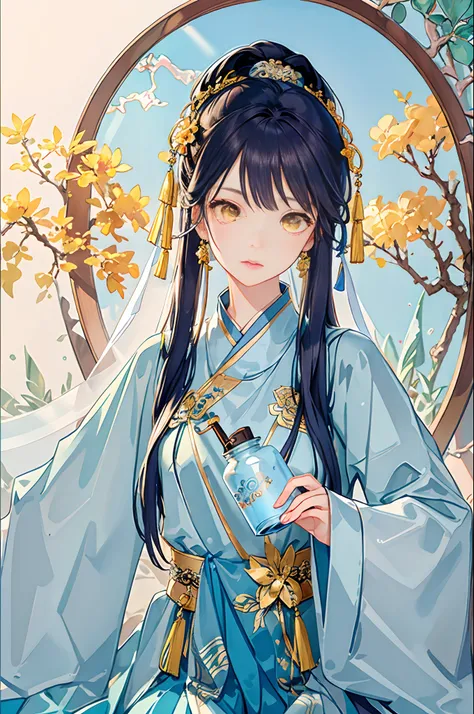 Best quality at best，Complicated details，A high resolution，（beautiful detailed  water：1.4），（Hanfu，Tang Feng），Yellow eyes，（Girl in a glass jar：1.1），drinking milktea