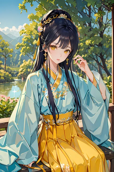 Best quality at best，Complicated details，A high resolution，（beautiful detailed  water：1.4），（Hanfu，Tang Feng），Yellow eyes，（Girl in a glass jar：1.1），drinking milktea