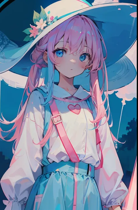 light pink colored hair，Light sky blue magic hat，Pink, white and blue clothes，The overall appearance is milky white，Is a clean，White and flawless，Cute loli sweet girl