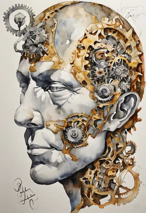 An open human head covered mainly by the human part and another smaller part on top of the internal mechanical gear of the Salvador Dali style head