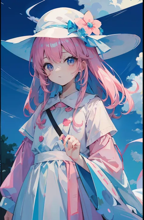 light pink colored hair，Light sky blue magic hat，Pink, White and blue clothes，The overall appearance is milky white，It is a holy and clean，White and flawless，Cute loli sweet girl