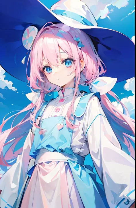 light pink colored hair，Light sky blue magic hat，Pink, White and blue clothes，The overall appearance is milky white，It is a sacred and clean，White and flawless，Cute loli sweet girl