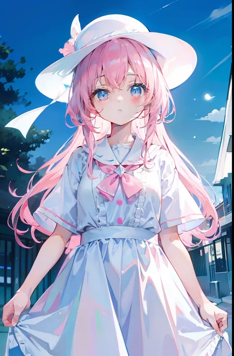 light pink colored hair，Light sky blue magic hat，Pink, White and blue clothes，The overall appearance is milky white，It is a sacred and clean，White and flawless，Cute loli sweet girl