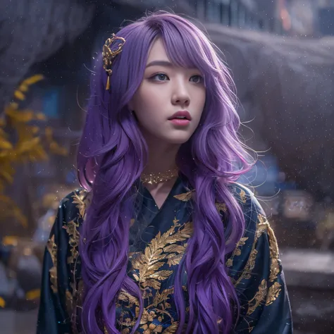 32K（tmasterpiece，k hd，hyper HD，32K）Long flowing bright purple hair，Autumn Pond，zydink， a color，  Asian people （Silly girl）， （Silk scarf）， Combat posture， looking at the ground， long whitr hair， Floating bright purple， Fire cloud pattern gold tiara， Chinese...