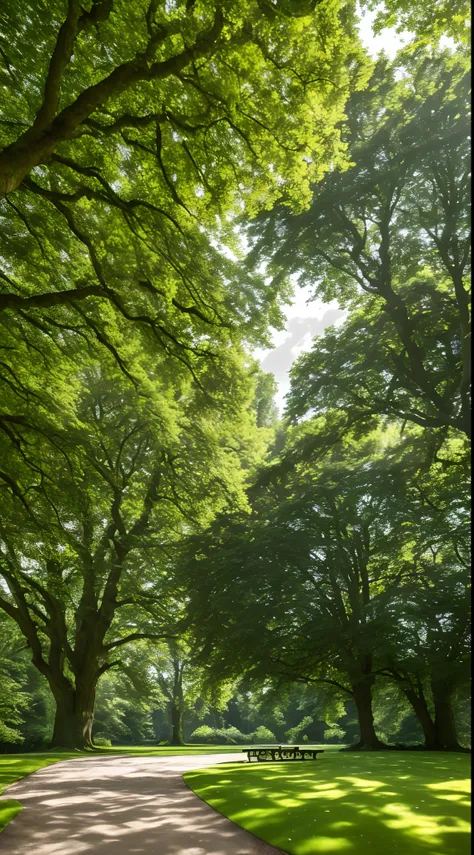 tmasterpiece，super detailing，best qualtiy，Perfectcomposition，A high resolution，natural soft light，Photographic realism style，SLR shooting effect，8K。Summer woods，A large tree by the stream，lawns，garden，benches，Woods in the distance，Sunny breeze