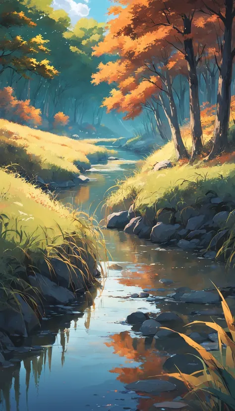 A river，There are reeds on the shore，An autumn scene