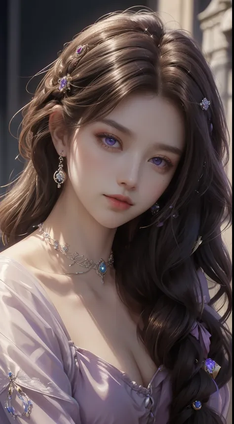 tmasterpiece，Highest image quality，A beautiful bust of a noble maiden，Delicate brown braided hair，Violet eyes are clear，Embellished with a dazzling array of exquisite jewelry（head gear，choker necklace，耳Nipple Ring，Bracelet or bracelet），Soft light，super det...