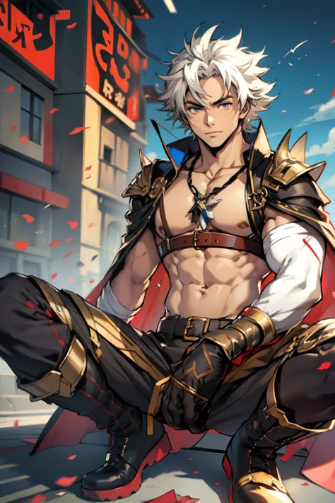 Highest image quality，male people，child，1 boy，Young and handsome，shoun，White color hair，Short flat top hair，Dark  skin，anime big breast，anime wallpaper，Solo，malefocus，Briefs，Dilation of the pectoral muscles，Red cape，Bulging crotch，Urban background，spread t...