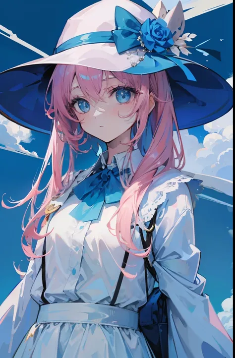 light pink colored hair，Powder-blue pupils，Light sky blue magic hat，Powder, Blue and white clothes，Fair and flawless sweet girl