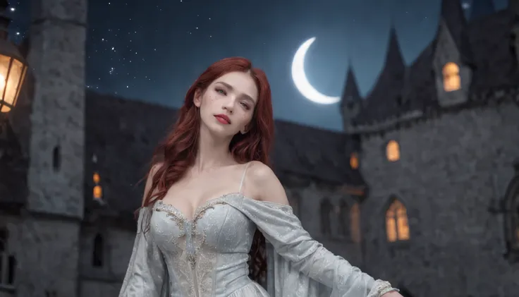 a picture of an exquisite beautiful female vampire standing under the starry night sky on the porch of her castle, dynamic angle (ultra detailed, Masterpiece, best quality), ultra detailed face (ultra detailed, Masterpiece, best quality), ultra feminine, g...