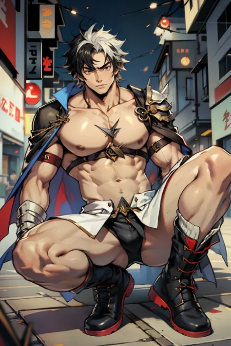 Highest image quality，male people，child，1 boy，Young and handsome，shoun，White color hair，Short flat top hair，Dark  skin，anime big breast，anime wallpaper，Solo，malefocus，Briefs，Dilation of the pectoral muscles，Red cape，Bulging crotch，Urban background，spread t...