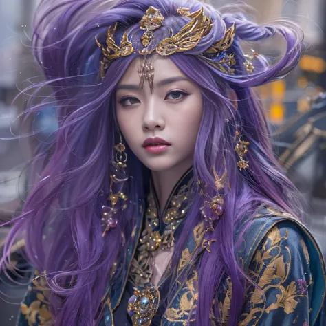 32K（tmasterpiece，k hd，hyper HD，32K）Long flowing bright purple hair，Autumn Pond，zydink， a color，  Asian people （Silly girl）， （Silk scarf）， Combat posture， looking at the ground， long whitr hair， Floating bright purple， Fire cloud pattern silver headdress， C...