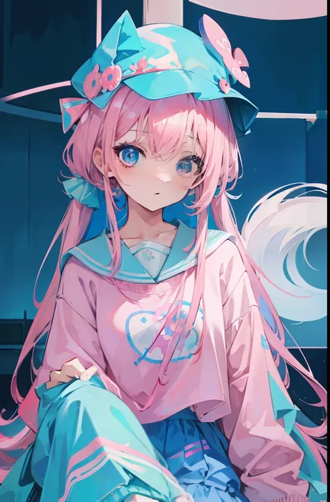 light pink colored hair，Powder-blue pupils，Clothes with pink and blue patterns，Fair and flawless sweet loli girl