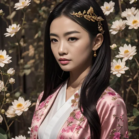 32K（tmasterpiece，k hd，hyper HD，32K）Long flowing black hair，ponds，zydink， a color，  Asian people （Silly girl）， （Silk scarf）， Combat posture， looking at the ground， long whitr hair， Floating hair， Carp pattern headdress， Chinese long-sleeved clothing， （abstr...