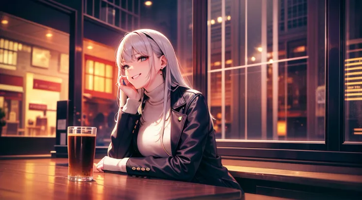 Best Quality，tmasterpiece，Ultra-high resolution fills the picture，Indoor at night，Cafe in the Sky,Orange color scheme in the café,There was coffee and wine,the night,inside in room，Coffee machine,Coffee lockers,Orange neon color scheme,Silver-white hair，Bl...