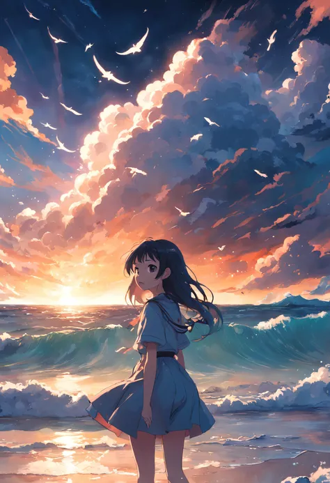 tmasterpiece，best qualtiy，cinematic Film still from，1girl，​​clouds，whales，teens girl，Floating in the sky，closeup cleavage，brightly，cheerfulness，Warm and soft lighting，the sunset，（spark of light：0.7）