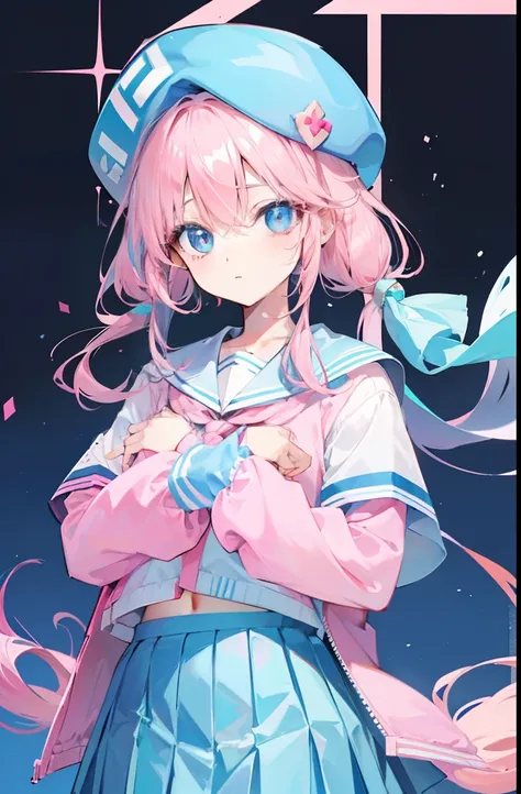 light pink colored hair，Powder-blue pupils，JK uniform and pleated skirt，pink and blue color，Fair and flawless sweet loli girl