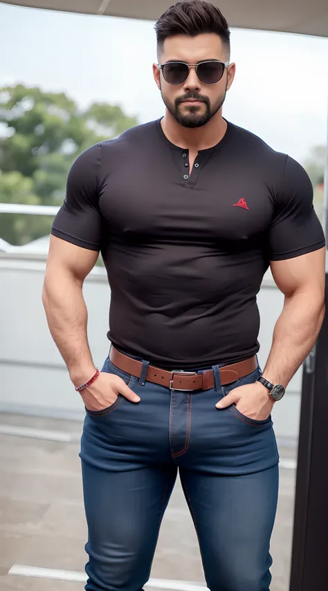 Hombre guapo, musculoso, con pantalones ajustados de cuero, big bulge, piernas fuertes y musculosas, gran bulto, fornido, varonil, con gafas., Camisa roja