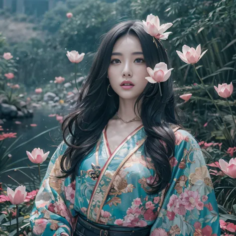 32K（tmasterpiece，k hd，hyper HD，32K）Long flowing black hair，Bamboo forest pond，zydink， a color，  Asian people （Silly girl）， （Silk scarf）， Combat posture， looking at the ground， long whitr hair， Floating hair， Carp pattern headdress， Chinese long-sleeved lig...