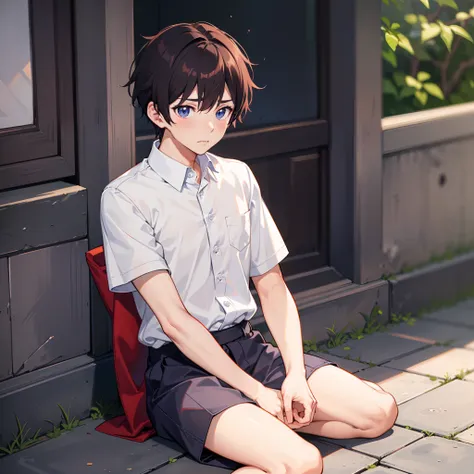 ((A boy))，adorable captivating，in a white shirt，He looked sad，Barefoot，sat on the ground。The blush gradually rises，Shy, But handsome。The picture style is fresh and simple，Rendered like a comic，The lens is shown as a vista，(Anime style+Soft cute)，anatomical...