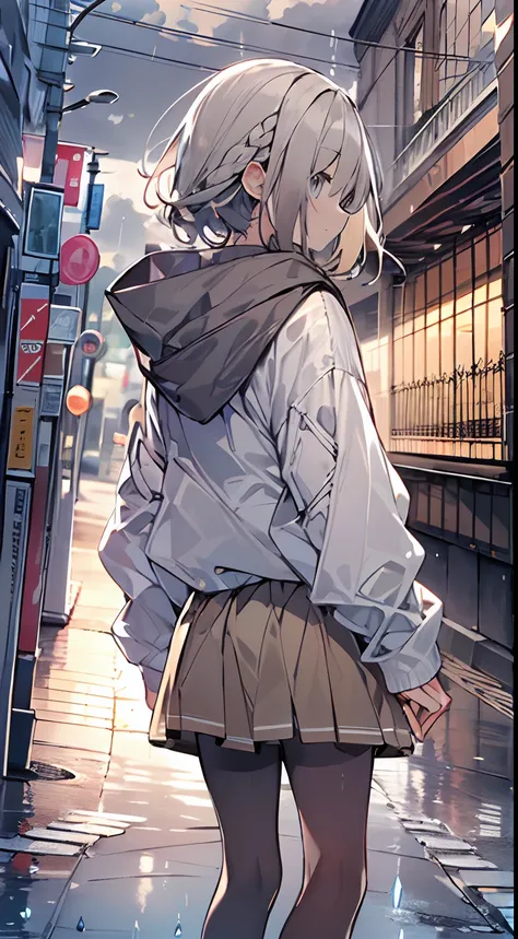 masutepiece, Best Quality,Illustration, Wallpaper, Ultra Detail, absurderes, 1girl in, Solo, (Medium short hair、short braided hair), Beautiful detailed eyes, after rain , (Street:1.3), Bright sky after rain、Hair that flutters in the wind,(a panoramic view:...