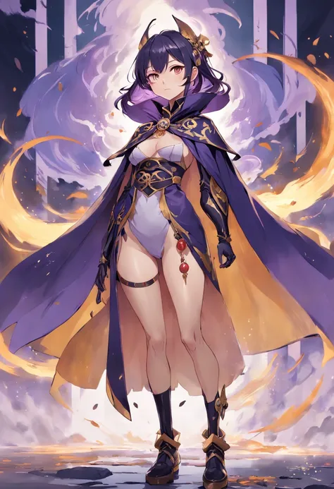 A painting of a woman in a purple cloak and black boots, concept art inspired by Okumura Masanobu, Pisif, conceptual art, Half caller, half incense, adorned in majestic attire, Genshin impacts character, Gorgeous cape, Aromatic, high quality character desi...